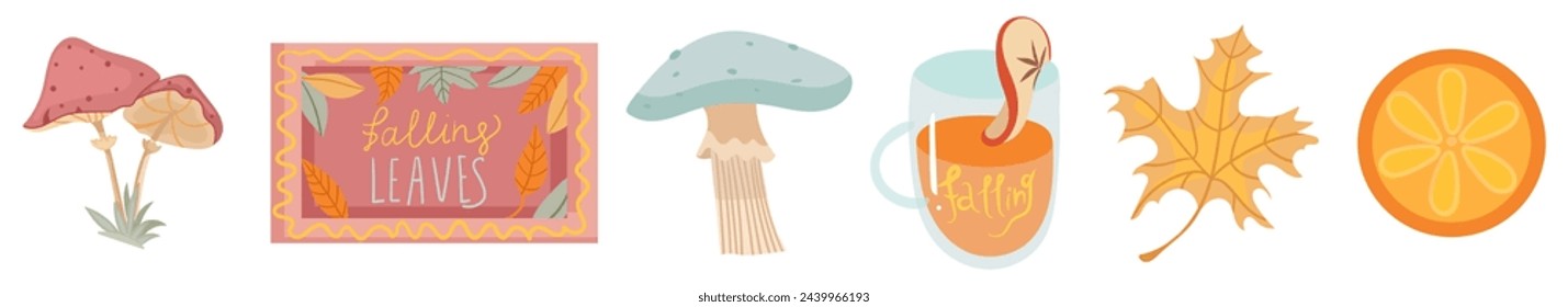 Cozy Autumnal collection with seasonal different elements, pumpkin, tea, socks, mushrooms, plants. Fully fall feeling. Vector hand draw illustration isolated on white background