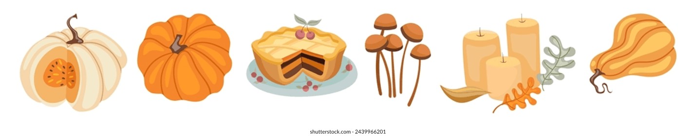 Cozy Autumnal collection with seasonal different elements, pumpkin, tea, socks, mushrooms, plants. Fully fall feeling. Vector hand draw illustration isolated on white background