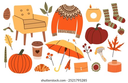 Cozy Autumnal collection with seasonal different elements, pumpkin, tea, candle, mushrooms, plants isolated on white