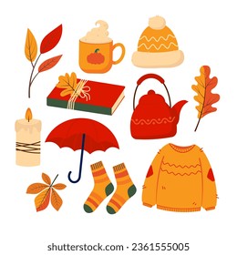 Cozy Autumnal collection with seasonal elements. Cup, teapot, sweater, socks and more