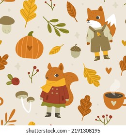 Cozy autumnal forest pattern with cute baby animals. Seamless vector fall print for kids fabric and nursery.