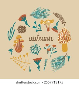 A cozy autumnal illustration featuring mushrooms, pine sprigs, and foliage encircling the handwritten word “autumn.” A perfect blend of seasonal charm and rustic elegance.