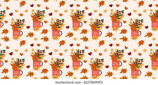 Cozy Autumnal Pattern Featuring Vibrant Leaves and Hello Autumn Lettering on Mugs Seamless Pattern
