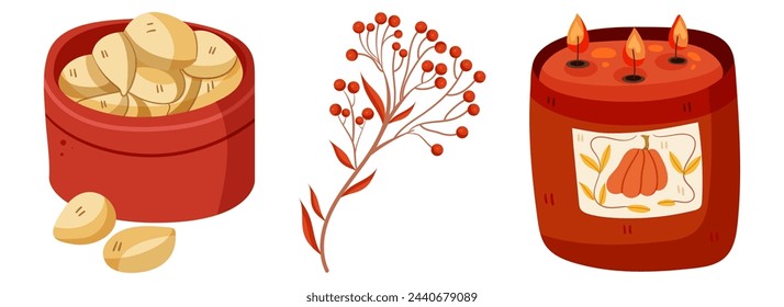 Cozy Autumnal set with seasonal different elements. Fully fall feeling. Vector hand draw illustration isolated on white background