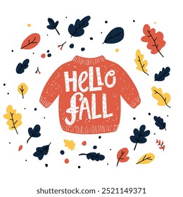 A cozy autumn-themed design featuring a red sweater with the phrase Hello Fall surrounded by colorful falling leaves, perfect for welcoming the fall season.
