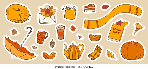 cozy autumn-themed sticker set includes warm seasonal items like a sleeping cat, scarf, tea, pumpkin, leaves, pie, and a book  for planners, digital scrapbooks, social media, or fall decor projects.