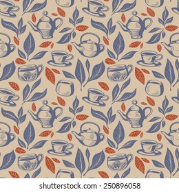 Cozy Background with Tea Service and Tea Leaves Pattern