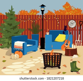 Cozy backyard in fall with a fire pit, patio heater, chairs, gardening tools and seasonal decorations, no people, EPS 8 vector illustration