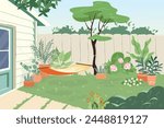 Cozy backyard with hammock and plants in pots House patio with fence, furniture for picnic green grass and tree Summer landscape of yard Vector cartoon illustration