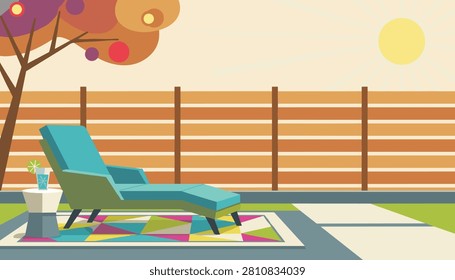 Cozy backyard patio featuring a teal sun lounger on a geometric colorful rug next to a small side table and wooden fence.