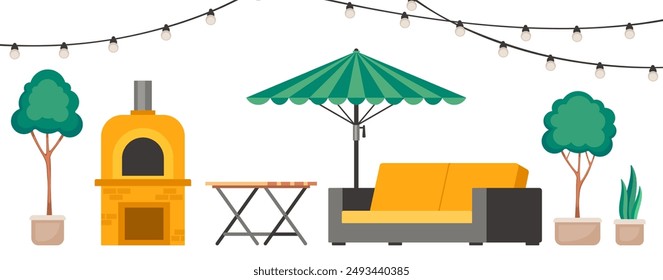 Cozy backyard with vintage cone fireplace and plants in pots House patio with furniture for picnic and sun umbrella with barbecue, green tree. Summer landscape of yard. Vector cartoon illustration.