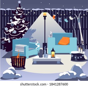 Cozy Backyard In Winter With A Fire Pit, Patio Heater, Chairs, Table With Hot Drink, Christmas Tree And Seasonal Decorations, No People, EPS 8 Vector Illustration	