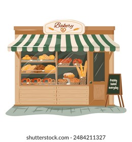 Cozy bakery kiosk vector illustration. Cartoon small bread shop with pastry, buns, maffins, loaves, baguettes isolated on white background.