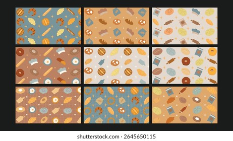 A cozy bakery-inspired design with breads, croissants, and rolling pins on a blue grid. Ideal for culinary projects and artisanal branding visuals.