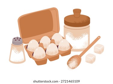 Ein gemütliches Backen mit einem Karton mit Eiern, Zucker, einem Salz- oder Gewürzschüttler, einem Holzlöffel und Zuckerwürfeln, perfekt für Rezeptkarten, Küchendekoration und kulinarische Designs.

