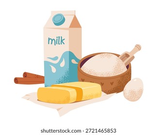 Ingredientes para hornear acogedores con un cartón de leche, palitos de mantequilla, con una cucharada, palitos de canela y un huevo, perfectos para cocinar, tarjetas de recetas o diseños temáticos de cocina.
