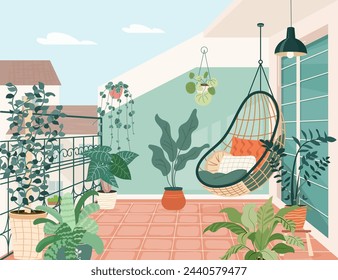 Cozy balcony garden with potted green plants. Terrace eco-style interior design with rattan wicker chair, houseplants in flowerpots, greenery. Urban house jungle on veranda. Flat vector illustration