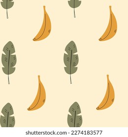 Cozy banana seamless pattern. Simple tropical fruit seamless background with ripe banana and palm leaf in naive flat style