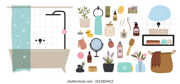 Cozy bathroom elements. Cleansing skin or hair care products. Bathtub with curtain. Scandinavian style decor. Shampoos and gels bottles. Garish vector washroom interior