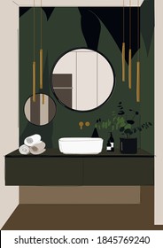 Cozy Bathroom In Green Colour With Round Mirrors, Overhead Sink, Towels, Gold Pendant Lights And Elegant Flowerpot.