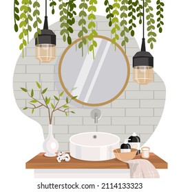 Cozy bathroom with green plants and stylish things. Vector illustration.