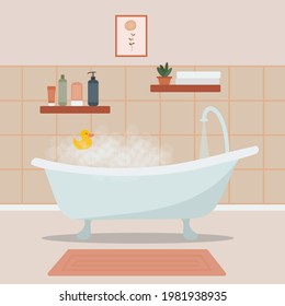 Cozy bathroom interior with bath full of foam and bath accessories.
Foamy bathtub in cozy room. Flat vector illustration.