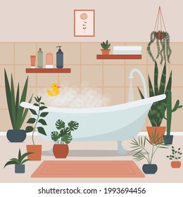 Cozy bathroom interior with bath full of foam and bath accessories, and plants growing in pots. Foamy bathtub in cozy room. Flat vector illustration.