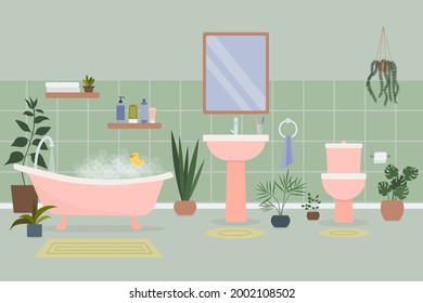 Gemütliches Badezimmer mit Badewanne voll von Schaumstoff und Badezubehör und Pflanzen wachsen in Töpfen. Die Badewanne ist in einem gemütlichen Zimmer. Flache Vektorgrafik.