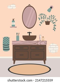 Cozy Bathroom Interior Design Vector Illustration In Flat Style 