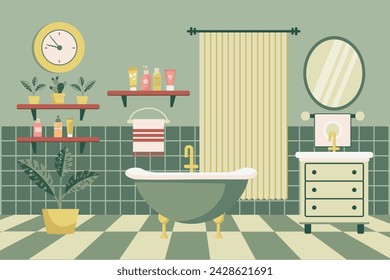 Cozy bathroom. Bathroom interior with bathroom furniture, bathtub, washbasin, towels, mirror, window, house plants. Flat illustration. Vector