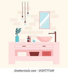 Cozy bathroom interior in pastel colors. Vector inhouse illustration.