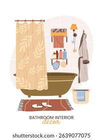 Cozy bathroom interior in Scandinavian style with bathtub, shower curtain, bath mat, bath accessories, robe, and decorative elements. Hand drawn vector illustration.