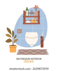 Cozy bathroom interior in Scandinavian style. Toilet, wooden shelf, toilet brush, houseplant, and decorative elements. Flat vector illustration.
