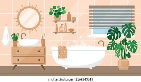 Acogedor baño interior de estilo moderno escandés con bañera, plantas, lavabo y accesorios. Casa o apartamento moderno. Ilustración vectorial plana o cartoon.