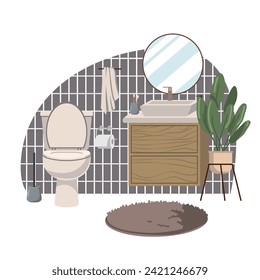 cozy bathroom interiors. Bathrooms and dressing rooms with washbasins, sinks, mirrors, cabinets and plants. Flat vector illustration on white background