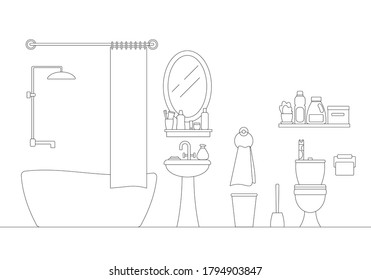 Cozy bathroom linear interior scene with furniture isolated on white background. Black silhouete of bath, mirror, shower, sink, towel, toilet bowl line art design. Editable stroke vector illustration.