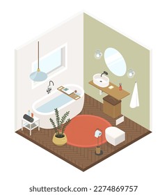 Cozy bathroom - modern vector colorful isometric illustration. Relaxation room. Take a shower, read a book and drink a glass of wine. Interior decor. Purification of the body and soul, spa idea