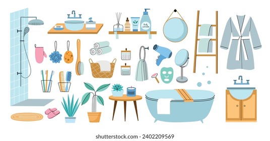 Cozy bathroom objects. Wet room different elements, terry bathrobe, ceramic sink, shower cabin, brushes, washcloths and cosmetic, vector set.eps
