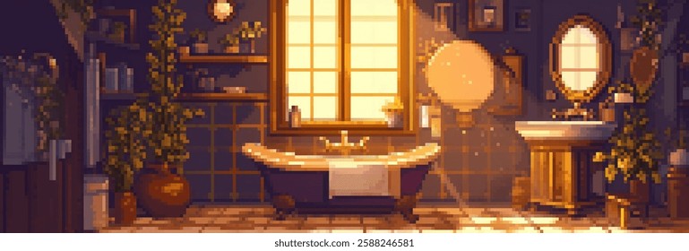 A cozy bathroom scene featuring a vintage bathtub, a sink, and shelves adorned with plants. Sunlight streams through a window, casting warm light across the tiled floor.