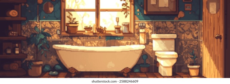 A cozy bathroom scene featuring a vintage bathtub, a toilet, and a window with natural light. Plants adorn the windowsill and shelves, creating a warm atmosphere.