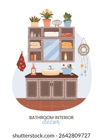 Cozy bathroom vanity unit with organized storage. Sink, wall cabinet, mirror, toiletries, fresh towels, and plants. Flat vector illustration for inviting home decor and personal care concepts.