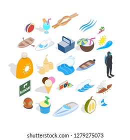Cozy beach icons set. Isometric set of 25 cozy beach vector icons for web isolated on white background