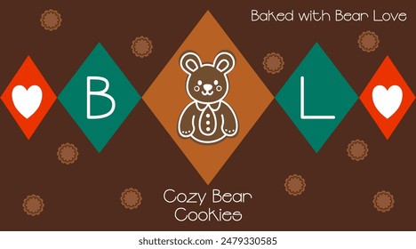 Cozy bear cookies bakery logo and banner design, cute brown bear branding with geometric elements and slogan, vector and illustration.