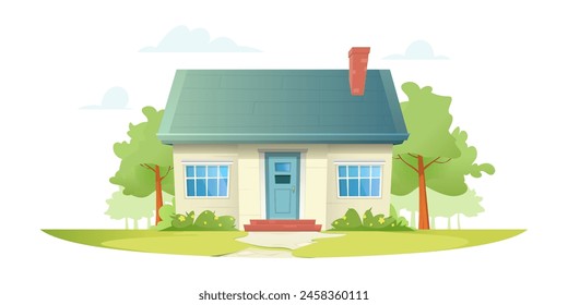 Cozy beautiful one floor country house among green trees and bushes with flowers. Green lawn. Sky with clouds. Spring atmosphere. Flat cartoon style. Vector illustration