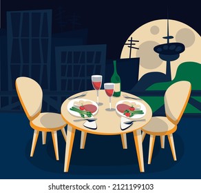 Cozy beautiful restaurant on rooftop with table and two chair in the big city with the cityscape night or evening. Cartoon illustration