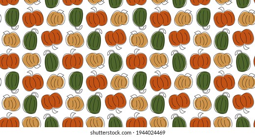 Cozy beautiful seamless pattern with colorful pumpkins. Thanksgiving day. Print for a festive autumn tablecloth, napkins, utensils. Design for textiles, wallpaper, curtains, book covers and notebooks.