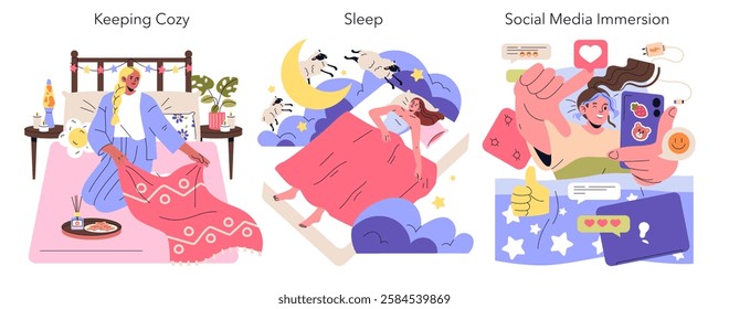 Cozy bed scenarios showing lifestyle moments. A person relaxing with snacks, a serene sleep scene with sheep, and digital engagement through social media. Captures comfort in various forms. Vector