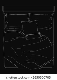 A cozy bed with two plush pillows and a soft blanket, sketched in elegant black and white lines. The minimalist drawing evokes warmth and relaxation, perfect for home decor or hospitality themes.