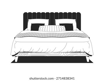 Cozy bed with upholstered headboard 2D line object. Modern bedding with comforter, throw pillows, soft duvet. Bedroom decor isolated clipart vector ink outline item. Monochrome spot illustration