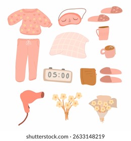 A cozy bedding-themed illustration set featuring pajamas, slippers, a sleep mask, mugs, an alarm clock, a book, a blanket, a hair dryer, and flower bouquets in soft pastel tones.